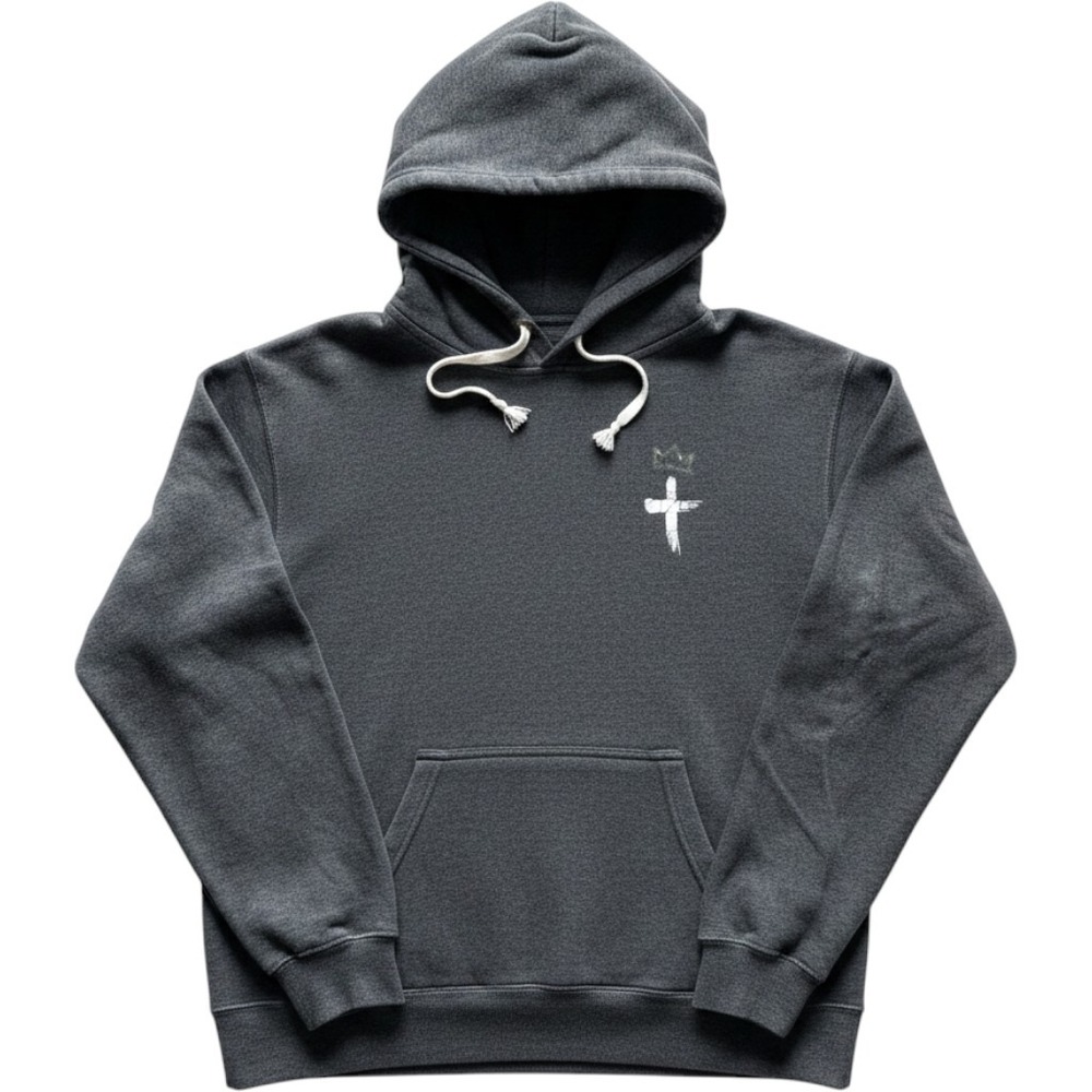 Reign of Righteousness Men Charcoal Grey Cross Crown Graphic Pullover Hoodie L - Picture 1 of 6